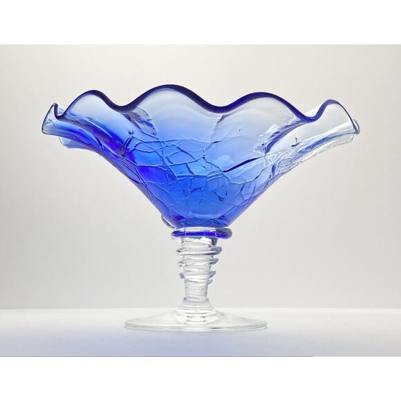 1990s Rossi Glass-Niagara Crackle Blue Pedestal Footed Ruffled Compote 6 7/8” - Picture 3 of 7